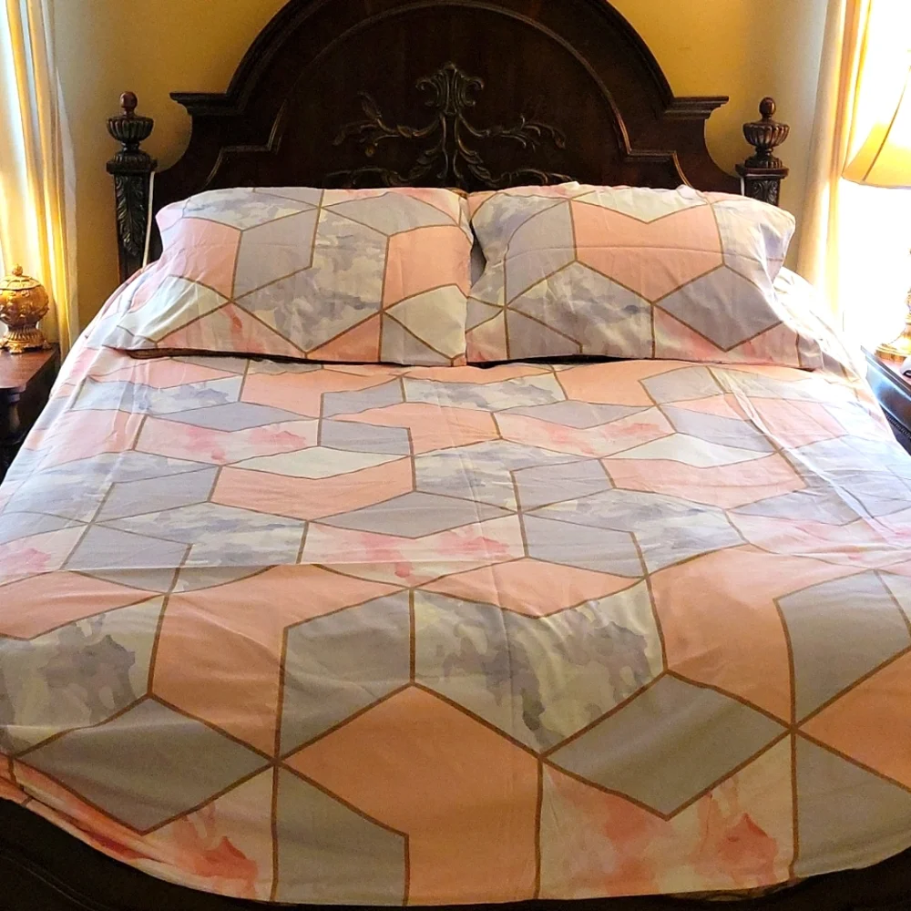 PINK & GRAY TRIANGLE 3 pc Duvet Cover Set zipper QUEEN 2 pillowcase cotton NEW…